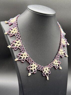 Vintage Seed Beads Necklace Purple and White Lace Design Handmade